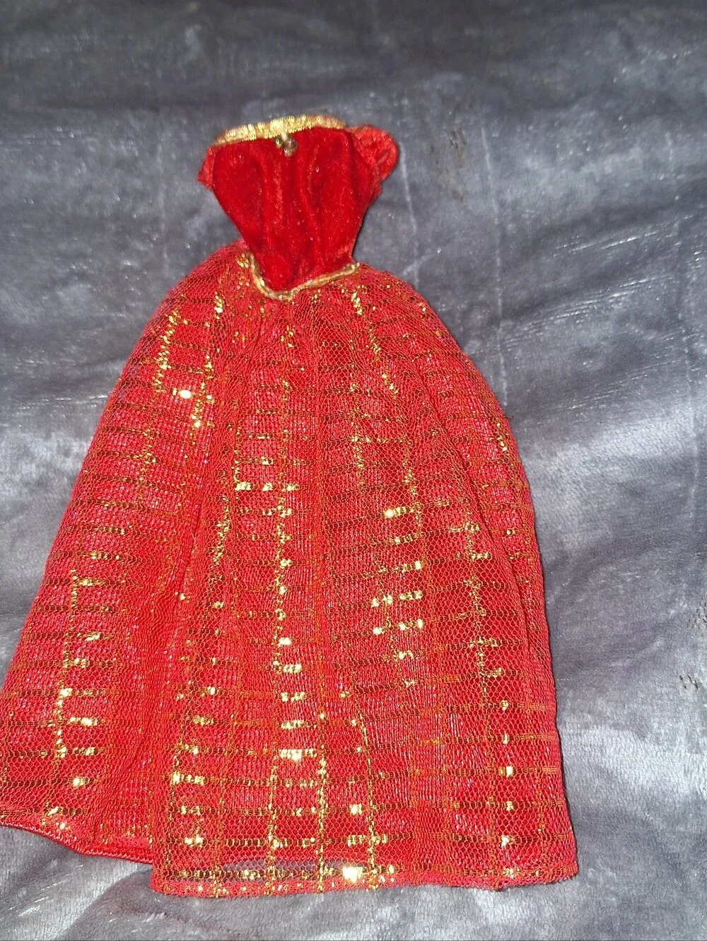Vintage Barbie Dress~Ball Gown~Red & Gold~Metallic Mesh~Mattel~80s/90's